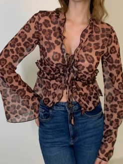 Leopard Print Semi-Sheer Ruffle V-neck Shirt