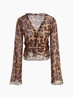 Leopard Print Semi-Sheer Ruffle V-neck Shirt