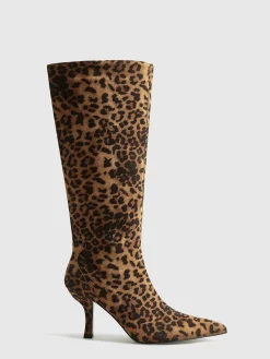 Leopard Printed Knee-High Zipper Boots