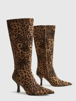 Leopard Printed Knee-High Zipper Boots