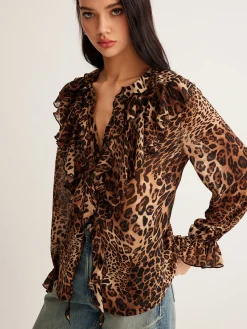 Leopard Printed Ruffle Thin Shirt