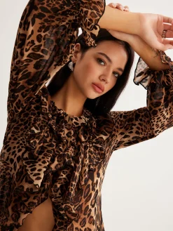 Leopard Printed Ruffle Thin Shirt