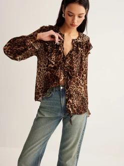 Leopard Printed Ruffle Thin Shirt
