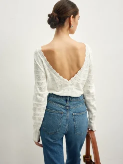 Lettuce Trim Backless Pointelle Knit Top