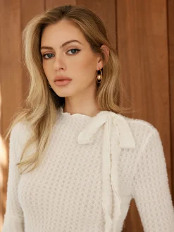 Lettuce Trim Bow-Decor Waffle Blouse