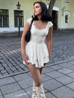 Lettuce Trim Shirred Waist Layered Short Dress