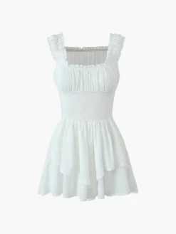 Lettuce Trim Shirred Waist Layered Short Dress