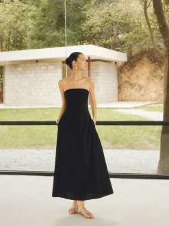 Linen Blends Basic Pockets Tube Long Dress