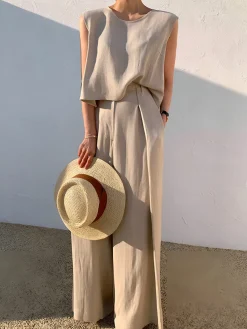 Linen Blends Casual Pants Set