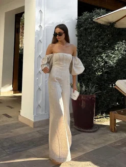 Linen Blends Puff Sleeve Jumpsuit
