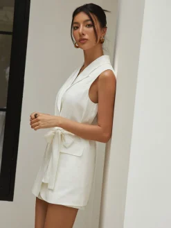 Linen Blends Work Belted Shorts Set