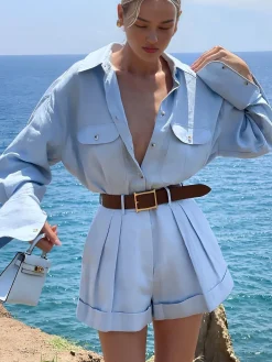 Long Sleeve Collared Pleated Shorts Set