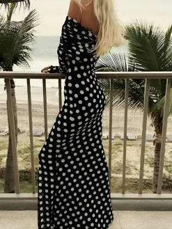 Long Sleeve Off-Shoulder Polka Dot Print Long Dress
