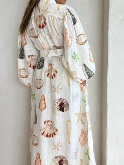 Marine Life Print Button-Front Belted Long Dress