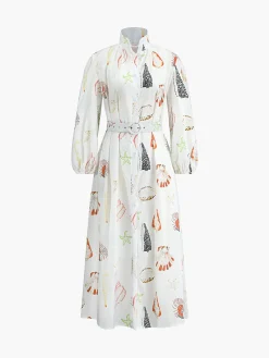 Marine Life Print Button-Front Belted Long Dress