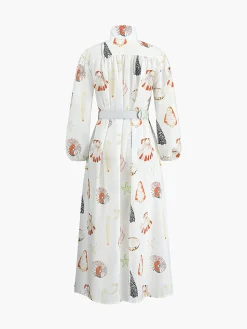 Marine Life Print Button-Front Belted Long Dress