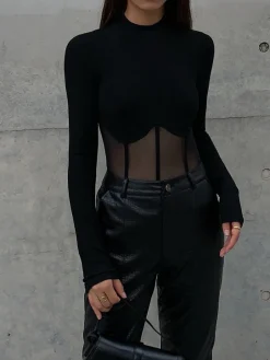 Mesh Combination Corset Long Sleeve Top