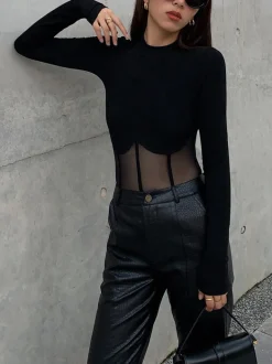 Mesh Combination Corset Long Sleeve Top
