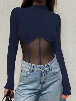 Mesh Combination Corset Long Sleeve Top