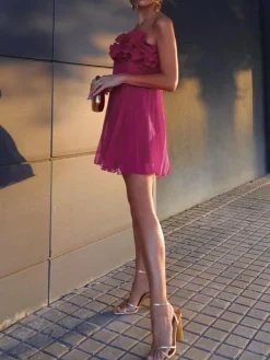Mesh Rosette Tube Pleat Short Dress