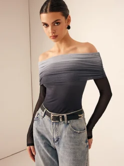 Mesh Ruched Off Shoulder Ombre Blouse