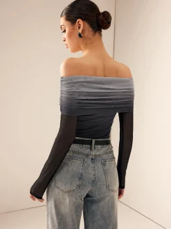 Mesh Ruched Off Shoulder Ombre Blouse
