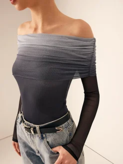 Mesh Ruched Off Shoulder Ombre Blouse
