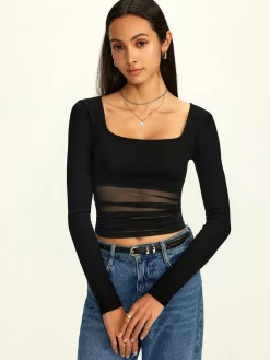 Mesh Square Neck Semi-Sheer Blouse