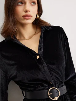 Metal Button Belted Velvet Dress