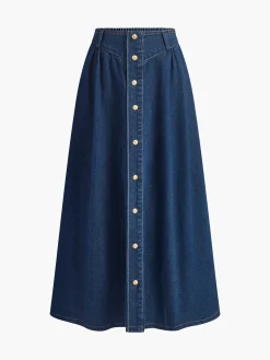 Metal Button Pleated Denim Skirt