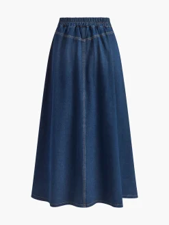 Metal Button Pleated Denim Skirt