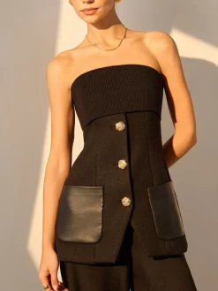 Metal Button Pockets Slit Tube Top