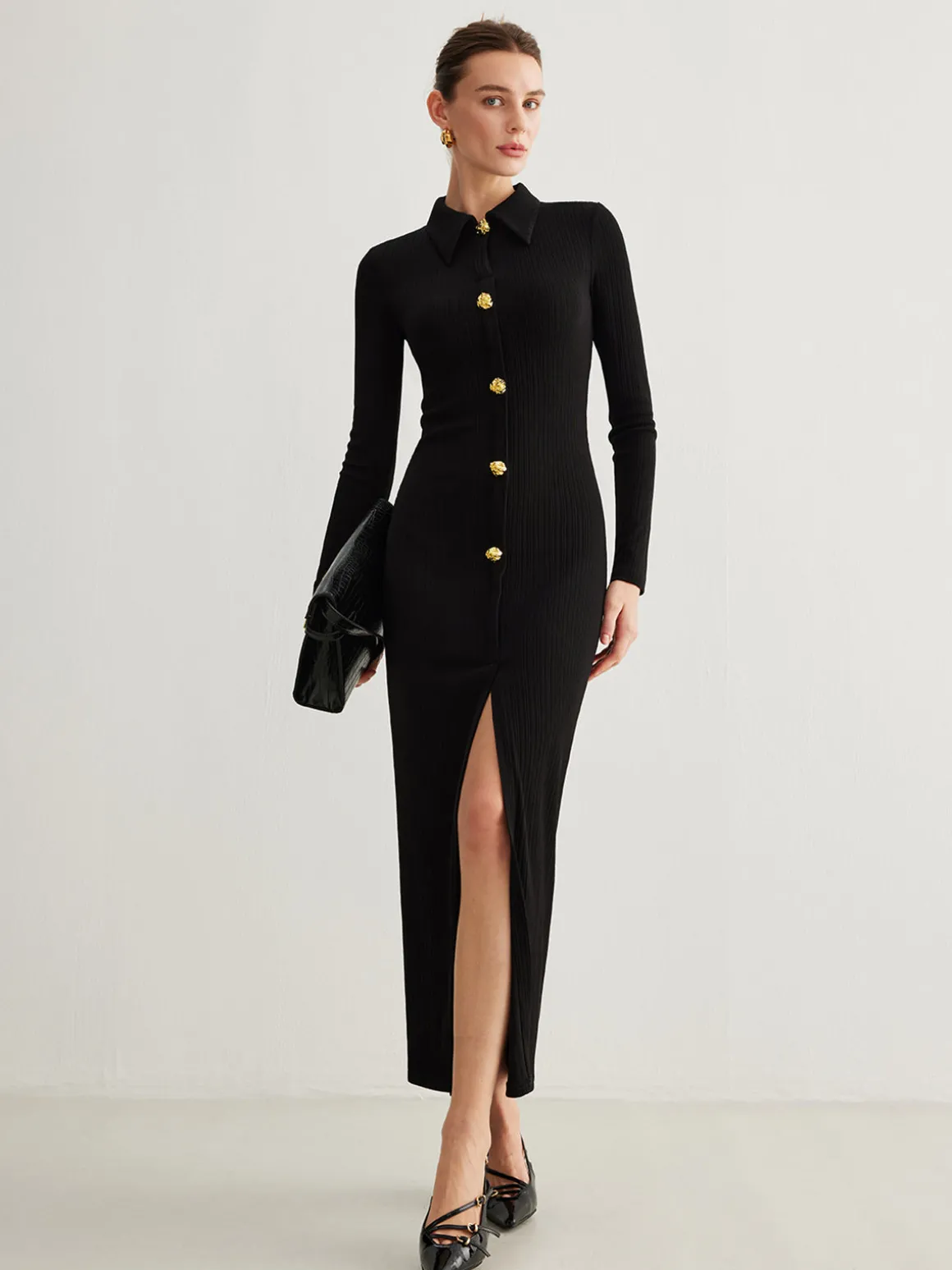 Metal Button-Down Split Lapel Dress