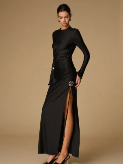 Metal Decor Split Pleated Long Dress