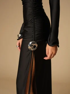 Metal Decor Split Pleated Long Dress