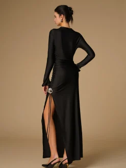 Metal Decor Split Pleated Long Dress