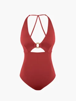 Metal Ring Cutout Halter One Piece Swimsuit