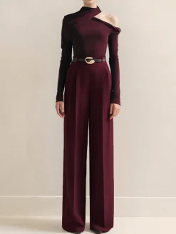 Metal-Belt Pleated High-Waist Pants
