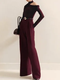 Metal-Belt Pleated High-Waist Pants