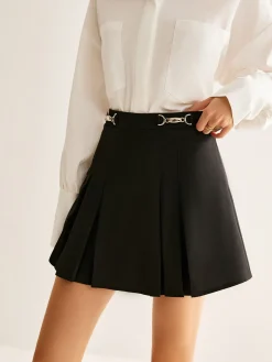 Metal-Belt Pleated Mini Skirt