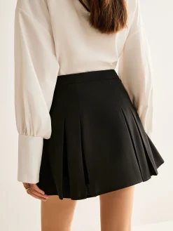 Metal-Belt Pleated Mini Skirt