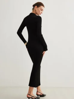 Metal-Button Bell-Sleeve Sweater Long Dress