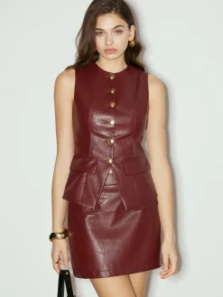 Metal-Button Faux Leather Skinny Vest