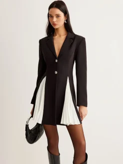 Metal-Button Pleated Blazer Dress