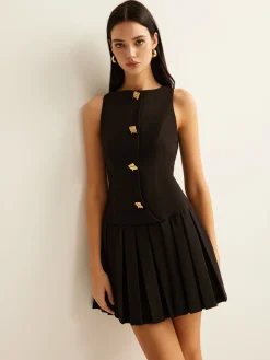 Metal-Button Pleated Tank Dress