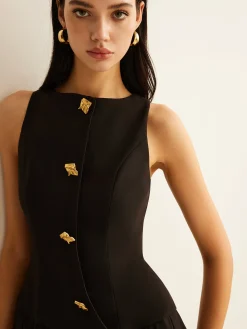 Metal-Button Pleated Tank Dress