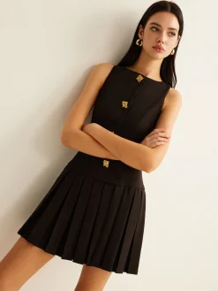 Metal-Button Pleated Tank Dress