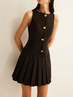 Metal-Button Pleated Tank Dress