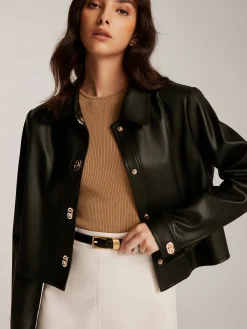 Metal-Button PU Leather Short Jacket