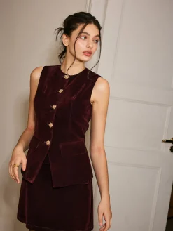 Metal-Button Velvet Cinched Vest